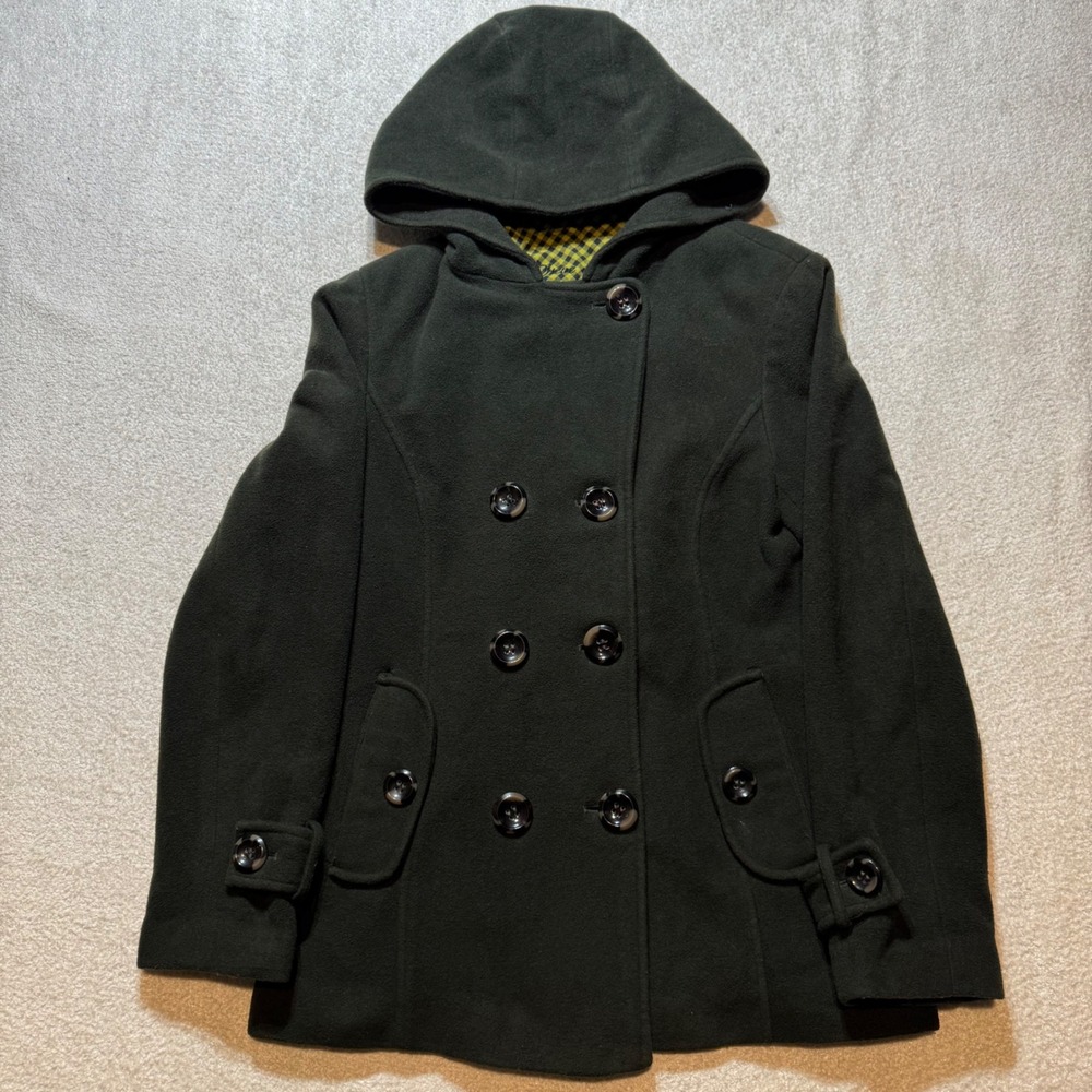 Steve Madden Womens M Dark Green Wool Blend Hooded Peacoat Double Breasted Coat